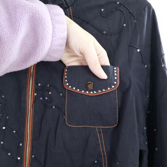 Embellished Full Zip Bomber Jacket Womens XL Navy Eclectic Dark Academia Unique - Picture 7 of 16